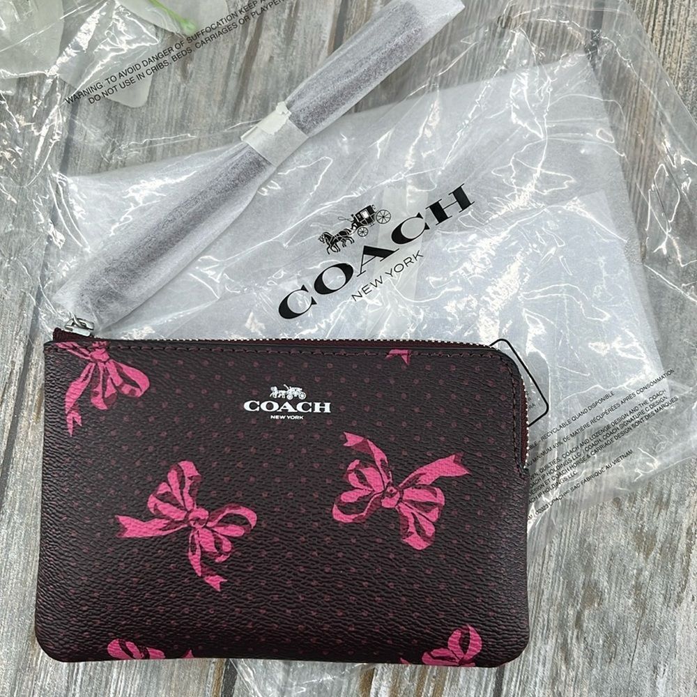 Coach Corner Zip Wristlet In Signature Canvas With Bow Print Bag Wallet Purse - Picture 7 of 7